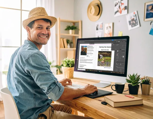 Kevin M. Cordeiro photographed in his studio while creating Hermey the Alpaca books