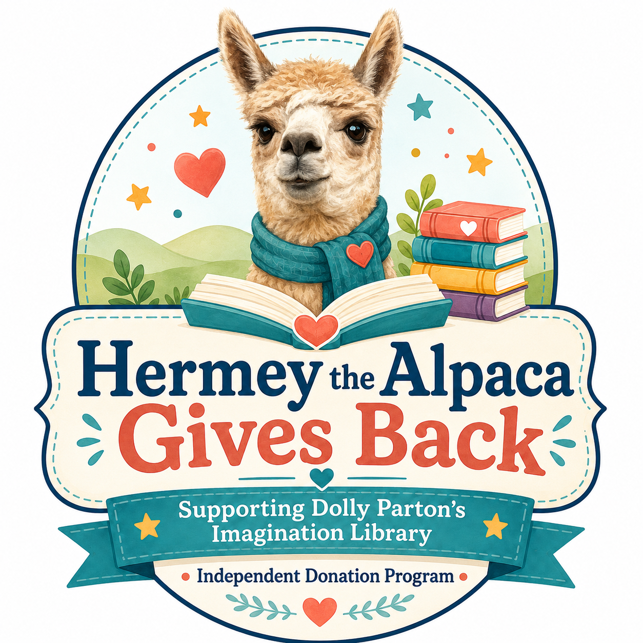 Hermey the Alpaca Gives Back, supporting Dolly Parton’s Imagination Library through an independent donation program